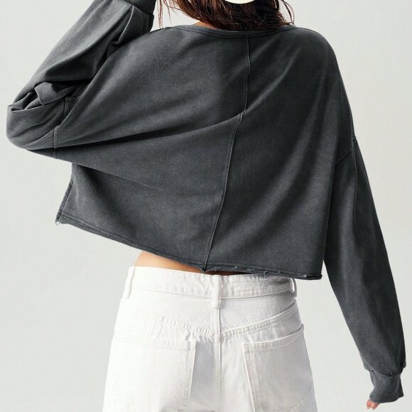 Dark Grey Casual Women's V-Neck Long Sleeve Loose Pullover Sweatshirt - Picture 2 of 8